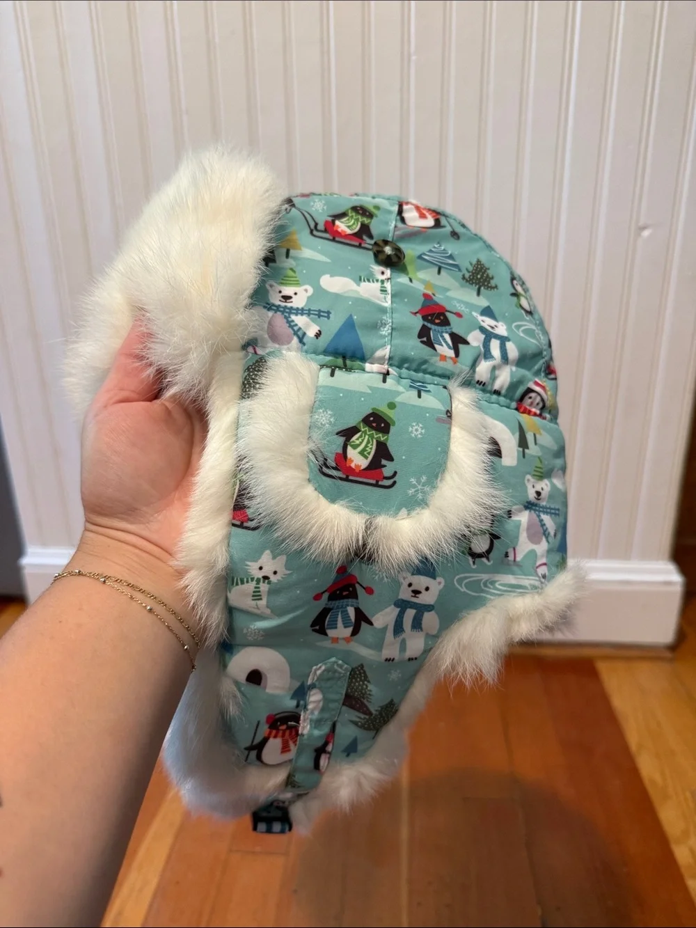 Kids Mint Winter Animal Trapper Hat with Fur Trim
